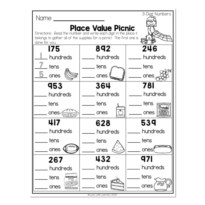 Second grade math worksheet featuring place value exercises for three-digit numbers