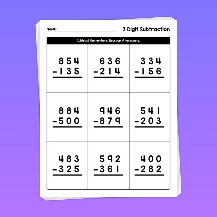 Review Three-Digit Subtraction Worksheet for 2nd Grade Page 3 Second grade student working on a three-digit subtraction worksheet
