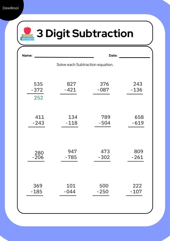 Review Three-Digit Subtraction Worksheet for Grade 2 Math Practice Second grade student practicing three-digit subtraction problems on a comprehensive worksheet
