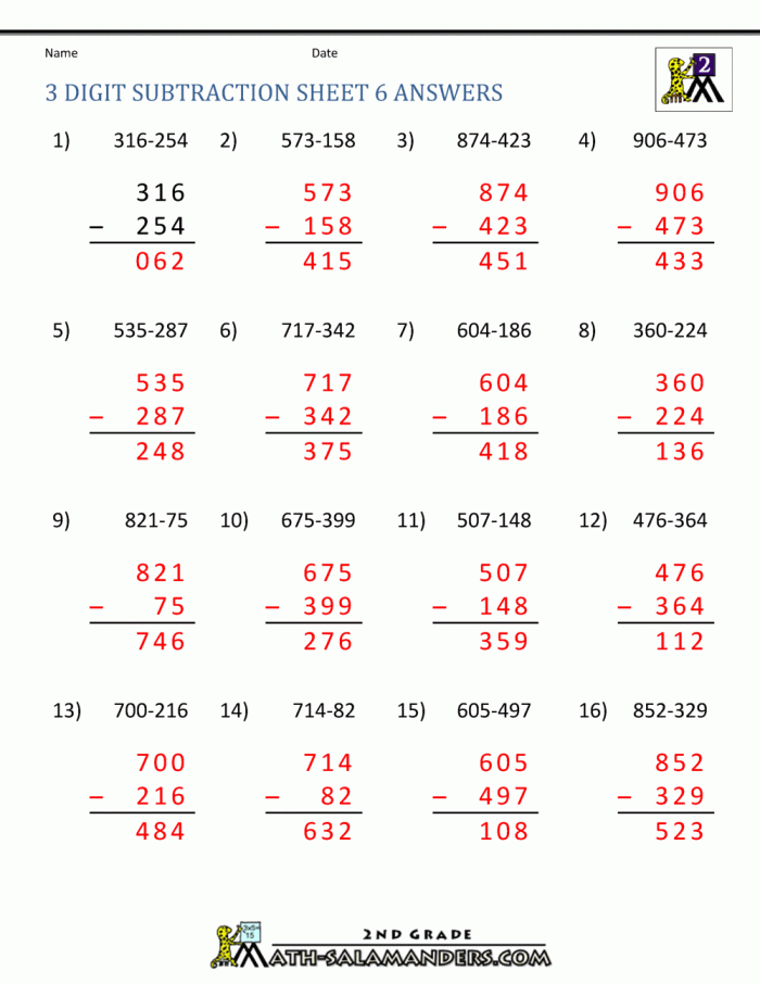 Review Three-Digit Subtraction Worksheet 19 Second grade math worksheet featuring three-digit subtraction practice problems