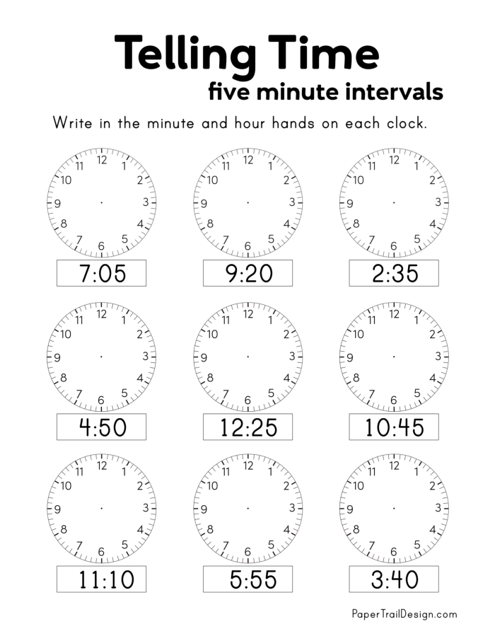Worksheet for practicing telling time to the nearest five minutes with clocks