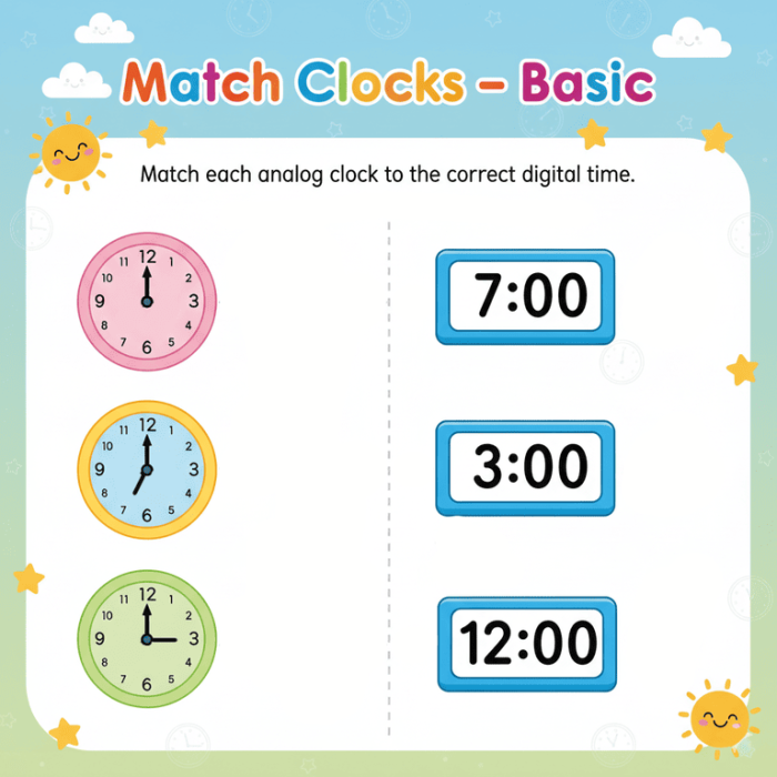 Second grade students matching analog clocks with hour and minute hands to corresponding digital time displays on a math worksheet for telling time practice