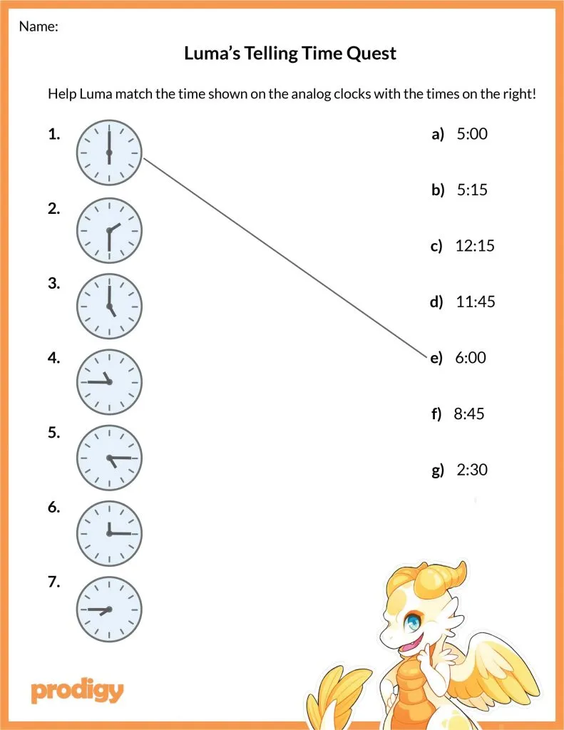 Practice Test: Telling Time worksheet for second graders featuring clocks and time-related questions