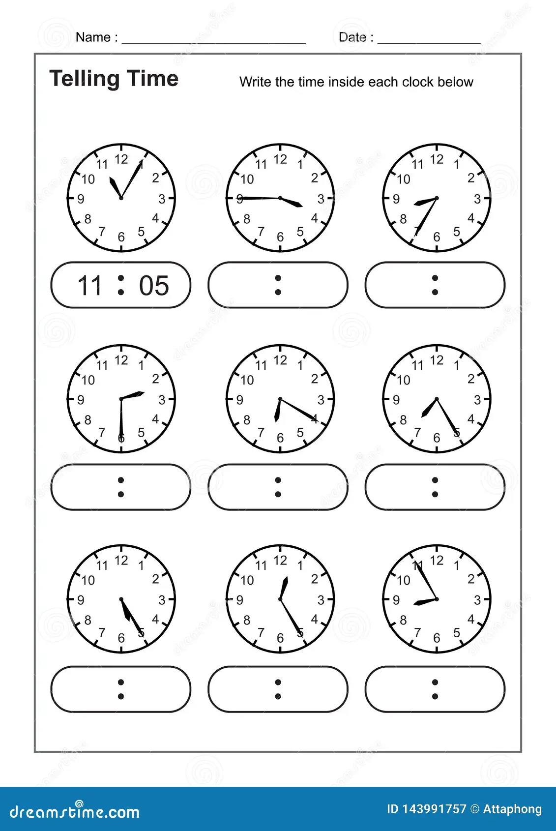 Practice Test worksheet for telling time, featuring clocks and time questions for second graders