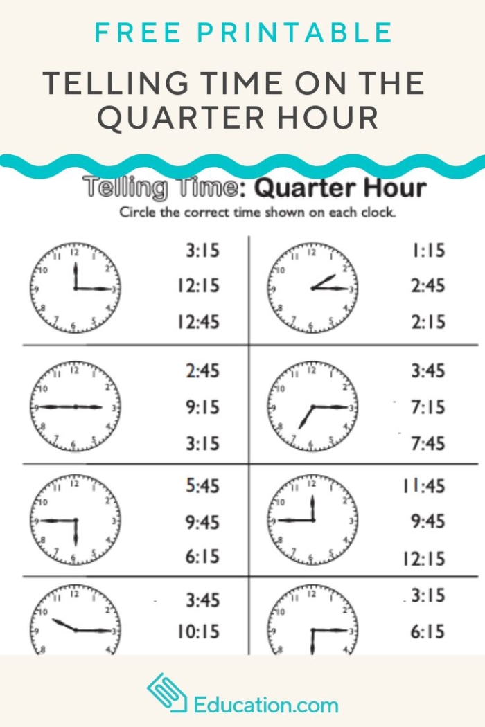 Quarter Hour worksheet for second graders practicing time-telling skills