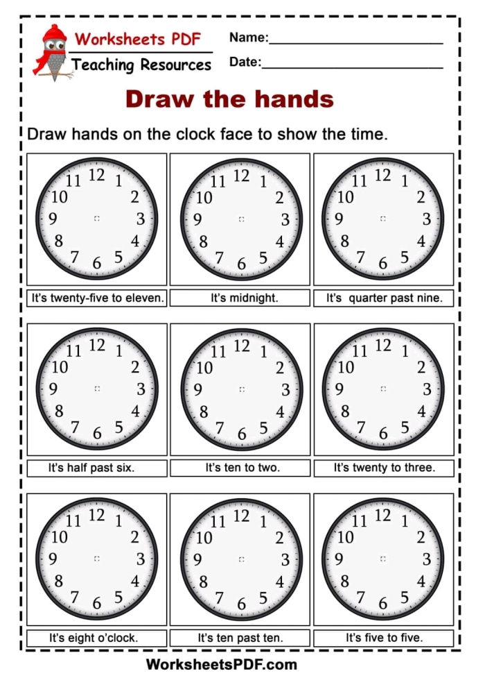 Worksheet featuring a practice test on telling time for second graders