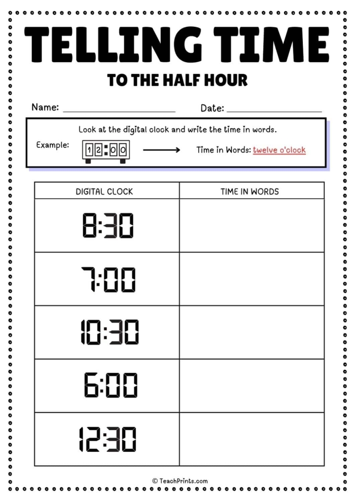 Telling Time On the Hour or Half Hour Worksheet 21 Second grade worksheet featuring clocks for practicing time to the hour and half hour