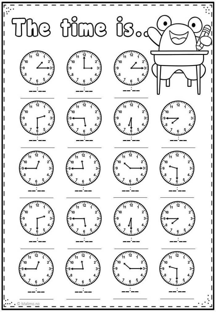 Second grade math worksheet featuring analog clock faces for students to practice telling time
