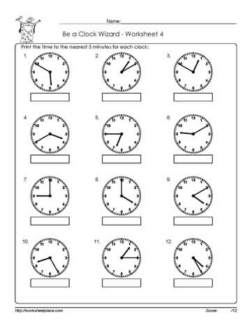 Worksheet for practicing telling time to the nearest five minutes for second graders