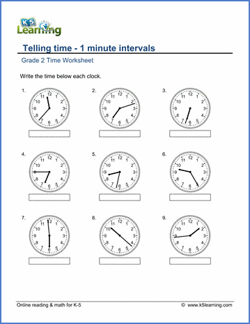 Worksheet for telling time to the nearest five minutes featuring a clock