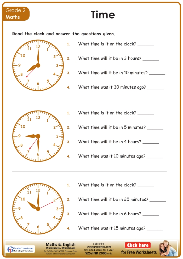 Worksheet for second graders on telling time with clocks and time calculations