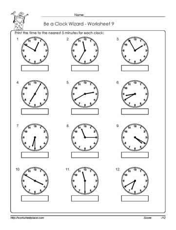 Worksheet for telling time to five minutes with clock illustrations