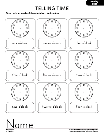 Worksheet for practicing telling time to the nearest five minutes with a clock illustration