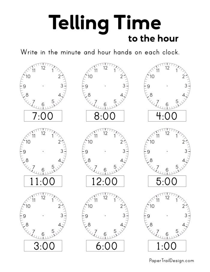 Worksheet for telling time to the nearest five minutes featuring a clock illustration
