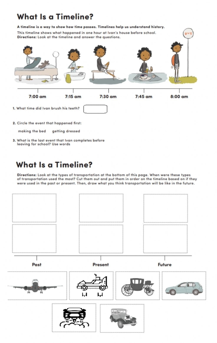 Worksheet illustrating a timeline craft for second graders to understand time progression. Engaging timeline worksheet for children to visualize and create their own time sequence.