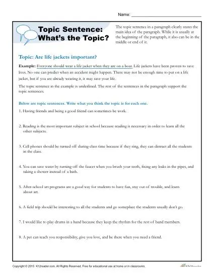 Second grade student working on a topic sentence worksheet with supporting details
