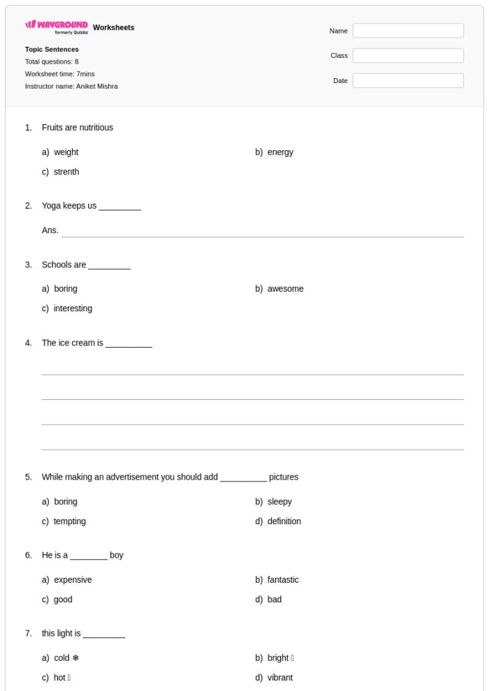 Children working on a Topic Sentence worksheet for second grade reading skills