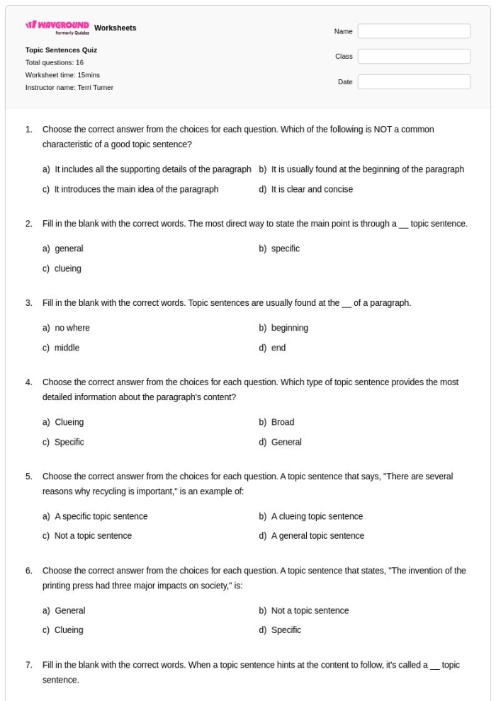 Children engaged in a topic sentence worksheet for second graders