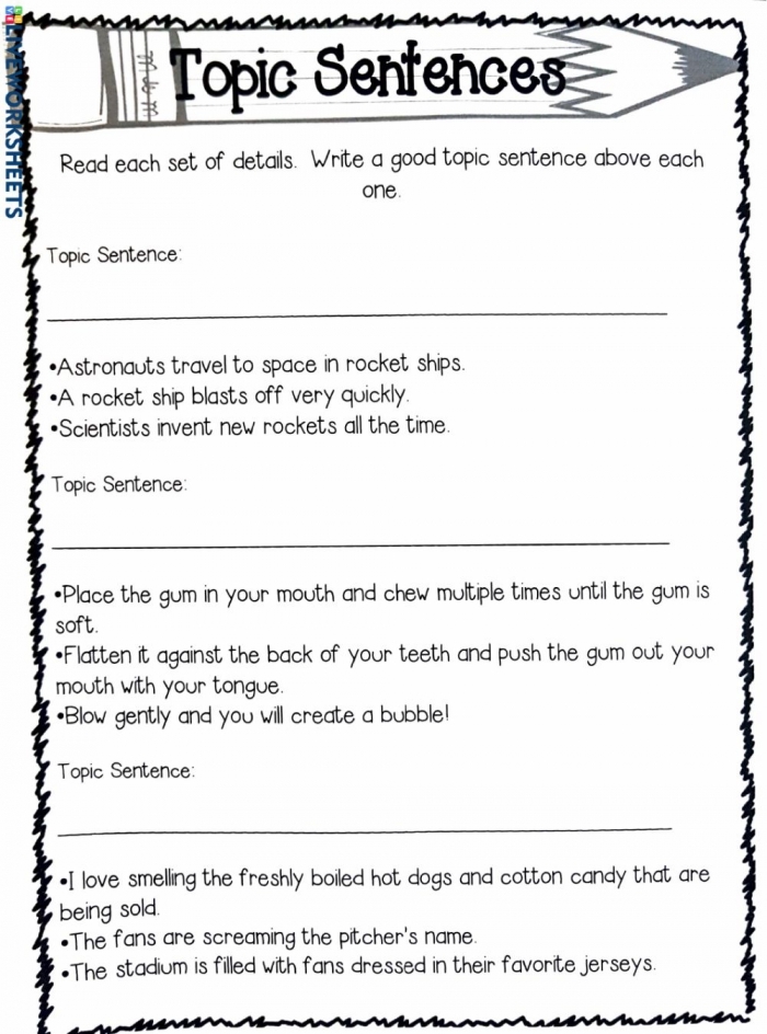 Second grade student practicing how to identify and write a topic sentence on a narrative worksheet
