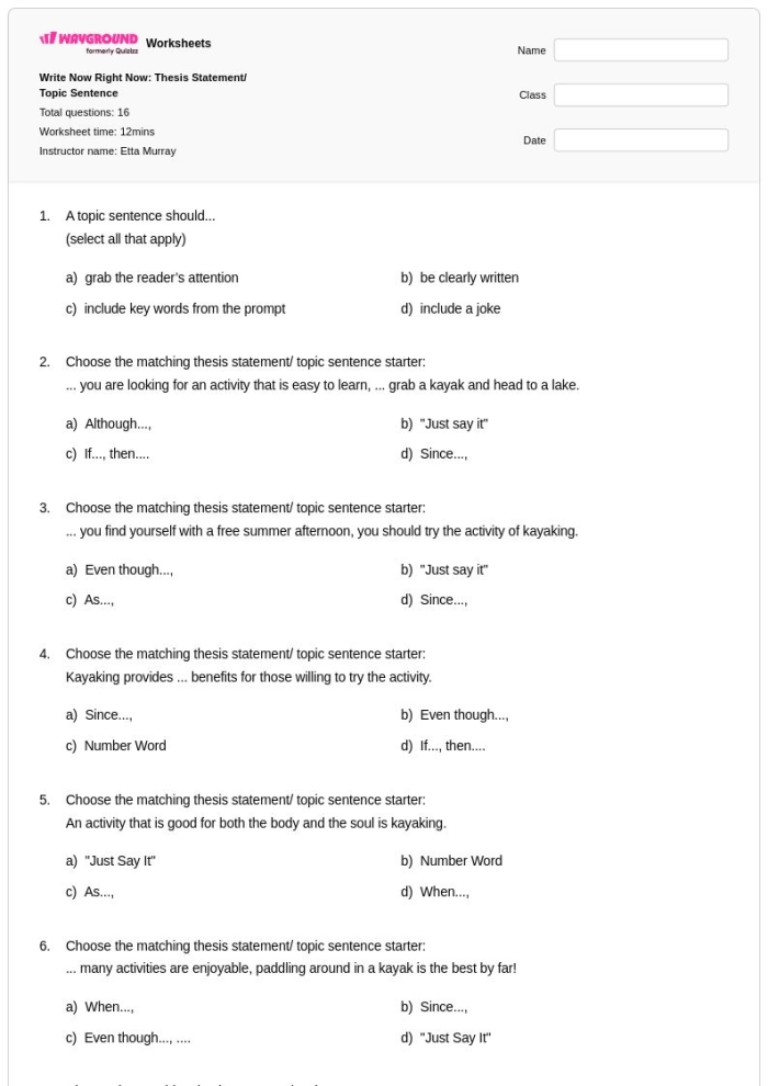 Second grade students practicing narrative writing with a topic sentence worksheet