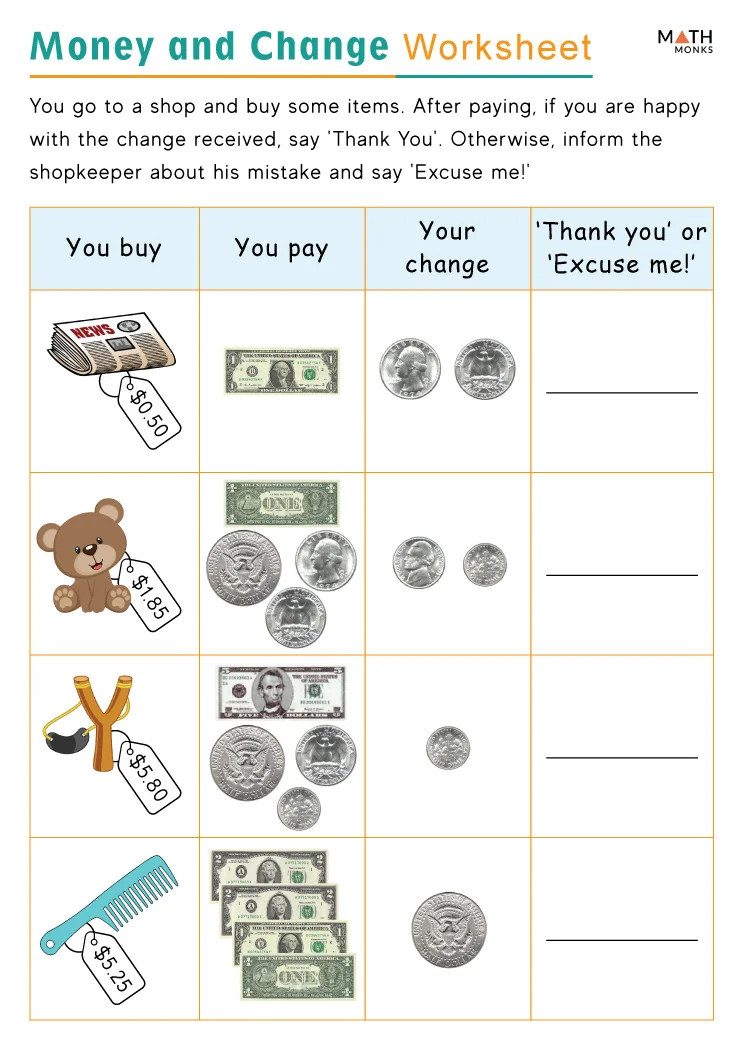 Second grade math worksheet featuring word problems about calculating change at a toy store