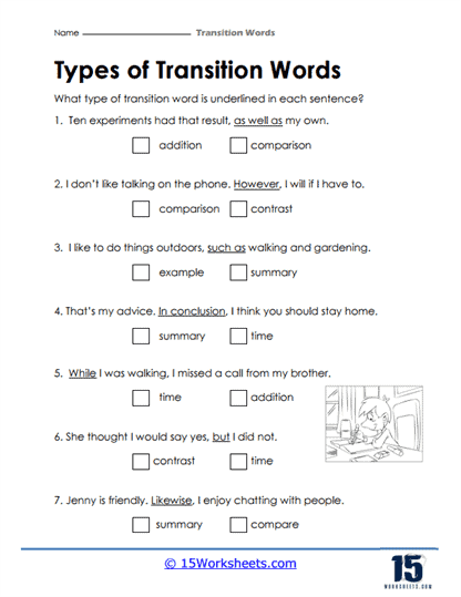 Children working on a worksheet about adding transition words while following pasta cooking directions