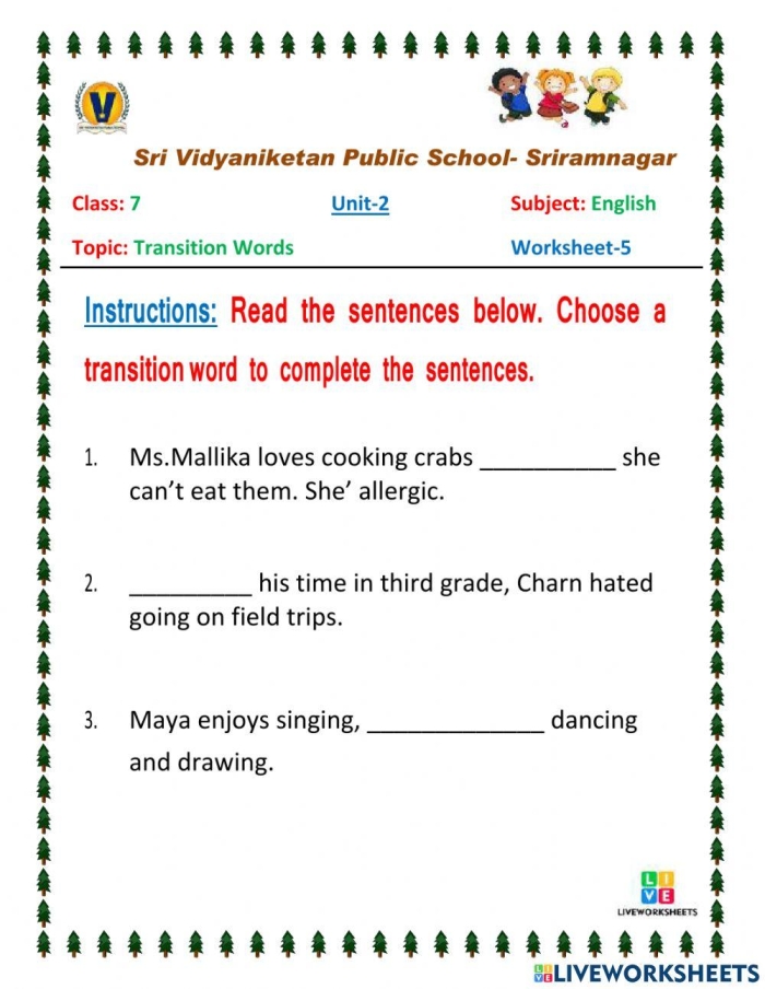 Second grade history worksheet focusing on selecting transition words to complete pasta cooking instructions