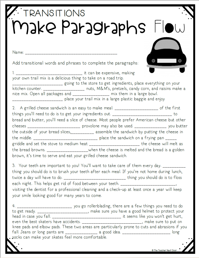 Second grade history worksheet for practicing transition words with pasta cooking instructions