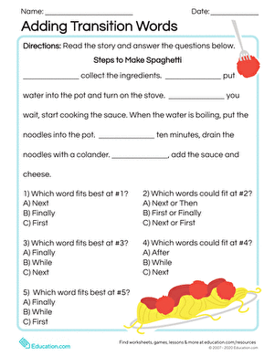 Second grade students practice using transition words with a fun pasta recipe worksheet
