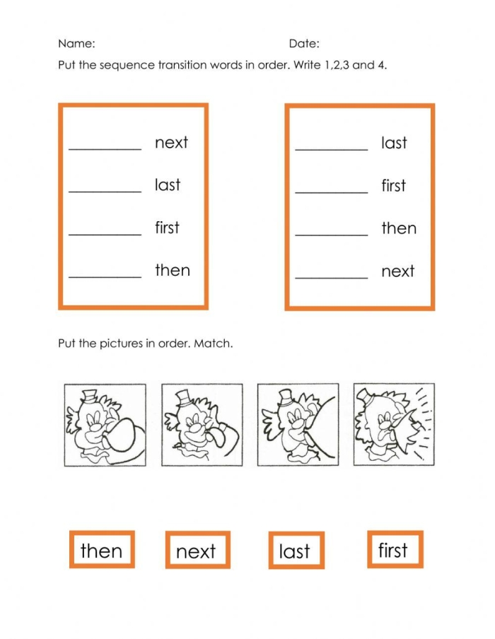 Second grade history worksheet focusing on adding transition words to pasta preparation steps