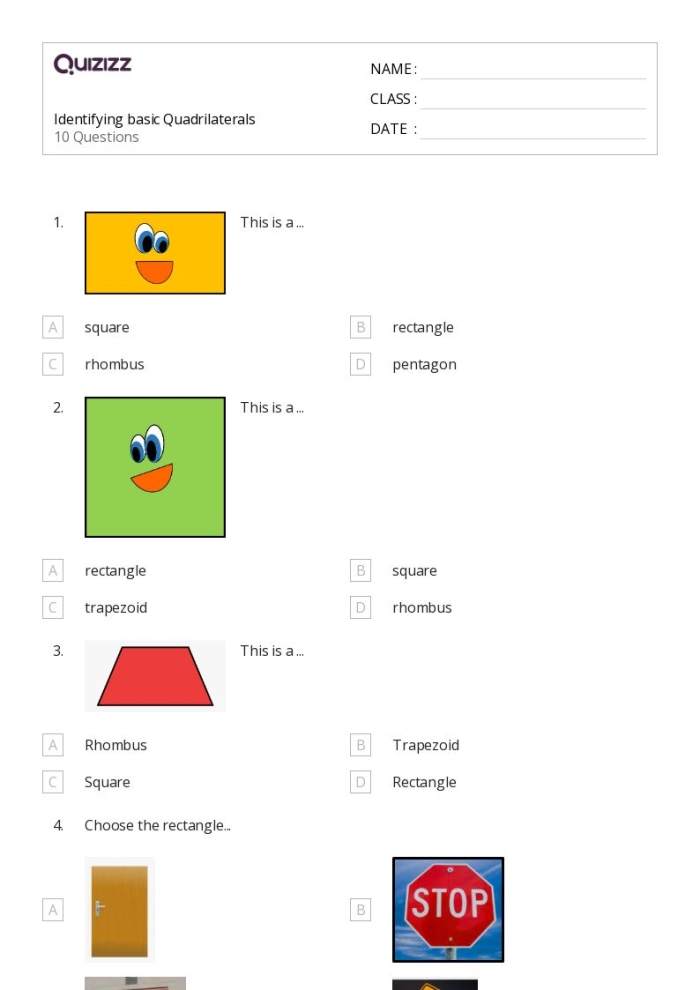 Second grade students identifying and coloring trapezoids and quadrilaterals among various 2D shapes in a geometry worksheet activity