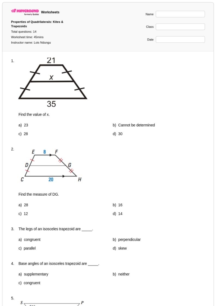 Second grade geometry worksheet showing colorful trapezoids and quadrilaterals for students to identify and count among various 2D shapes