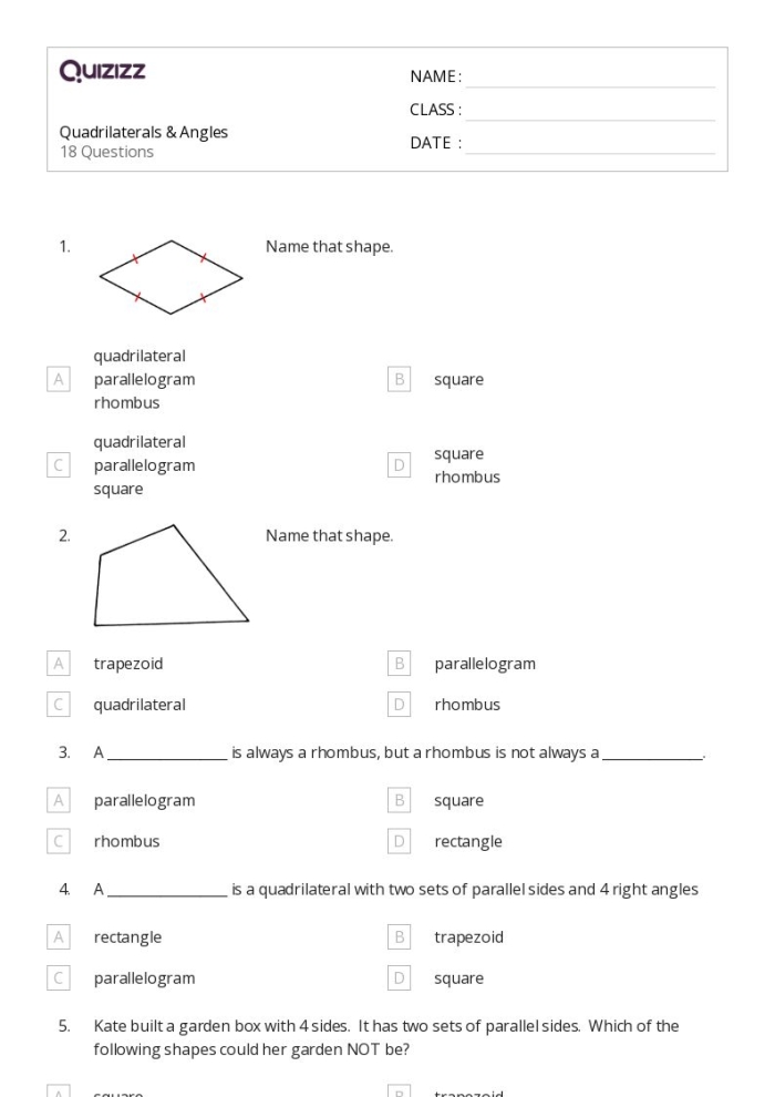 Second grade geometry worksheet showing colorful trapezoids and quadrilaterals mixed with various 2D shapes for students to identify and count