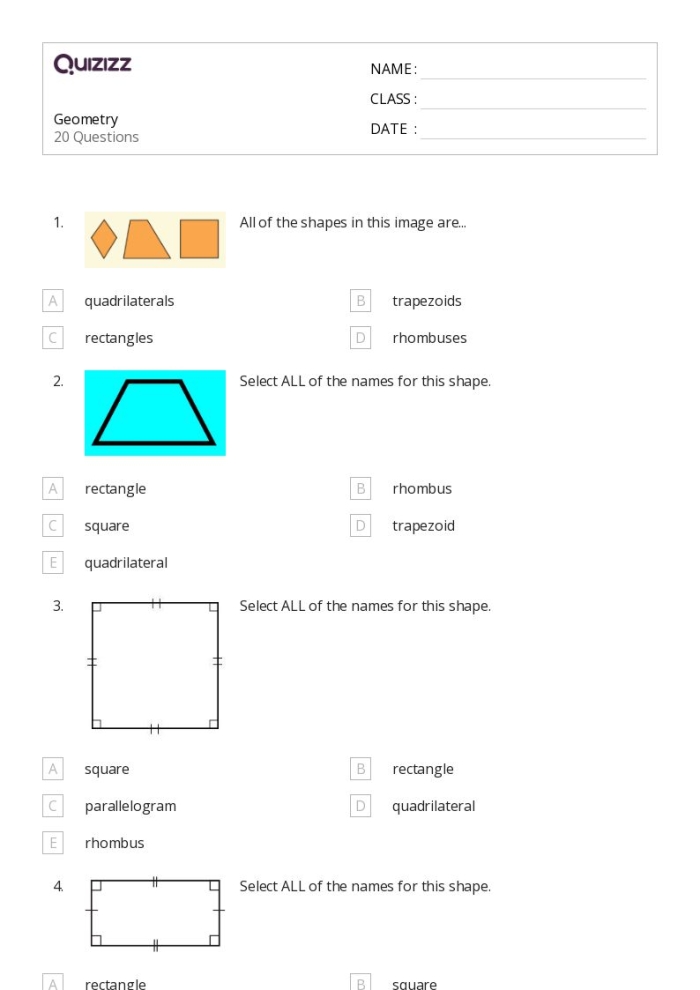 Second grade students identifying and coloring trapezoids and quadrilaterals among various 2D shapes in a geometry worksheet activity