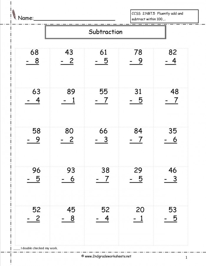Practice Two-Digit Subtraction Worksheet 15 for Second Grade Students Second grade math worksheet featuring two-digit subtraction problems with borrowing and a word challenge