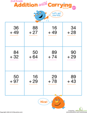 Underwater Double Digit Addition with Regrouping Practice Worksheet 8 Second grade math worksheet featuring underwater themed double-digit vertical addition with regrouping problems