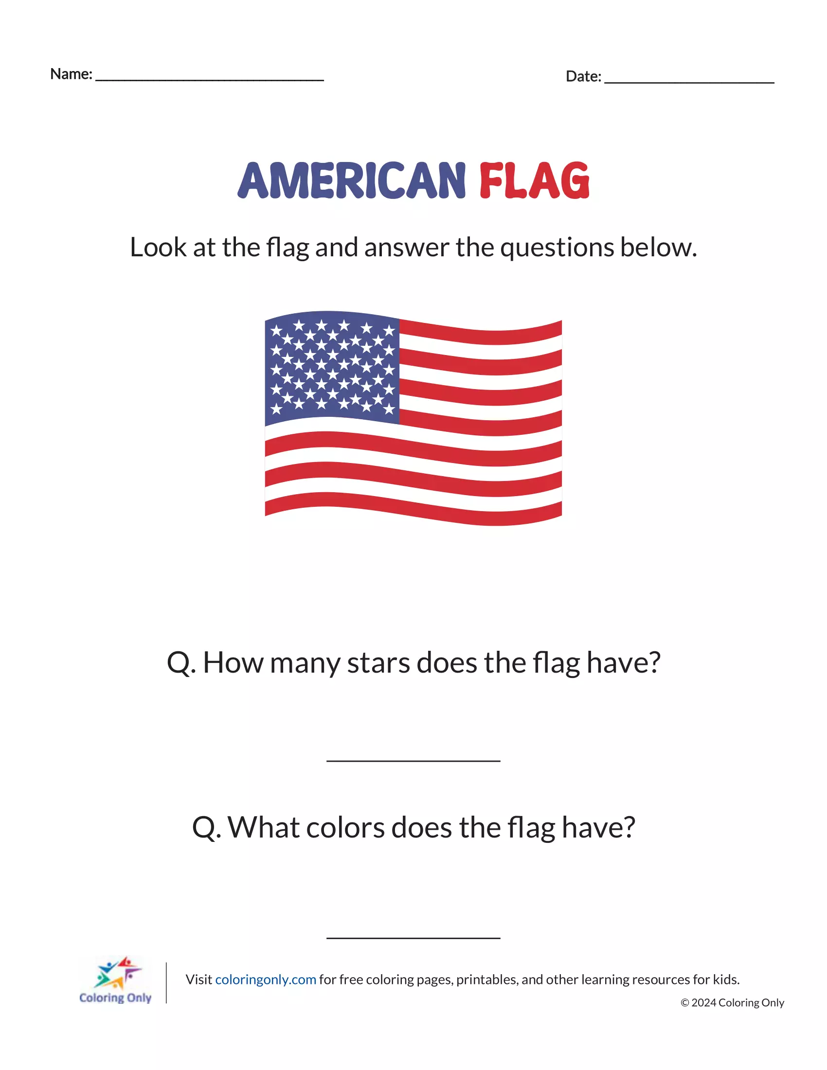 Illustration of the United States Flag worksheet for second graders, featuring facts and locations where the flag is displayed. Educational resource for teaching the basics of the U.S. flag to young students.