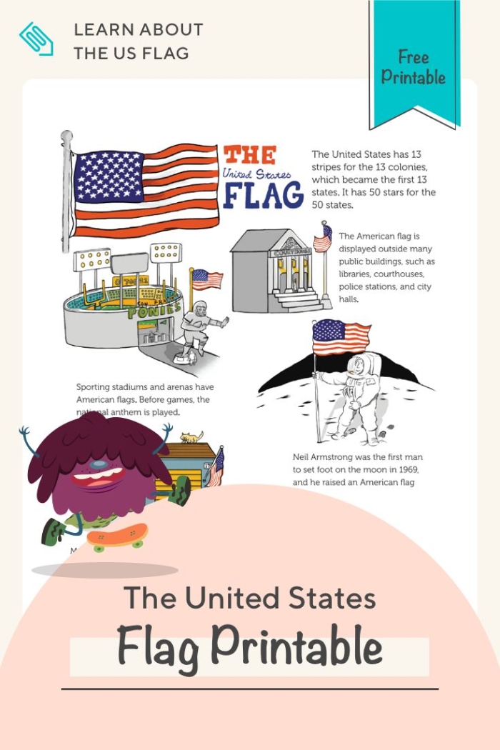 A colorful worksheet featuring the United States Flag and its symbolism for second graders
