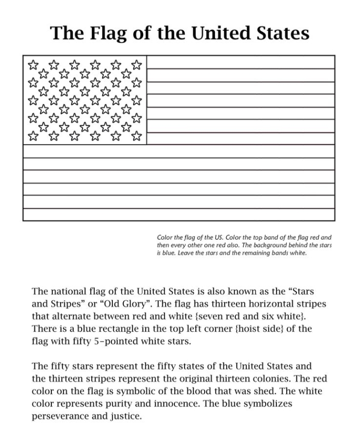 Worksheet featuring the United States Flag with key facts and waving locations