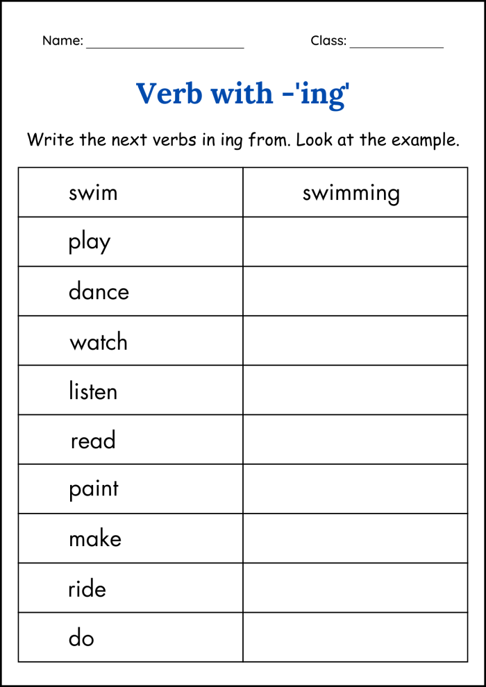 Verbs with ing Ending Practice Activity for Elementary Phonics Second grade student completing a worksheet exercise by adding ing endings to action verbs for present progressive sentences