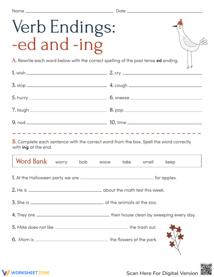 Worksheet featuring -ed and -ing verb endings for second graders