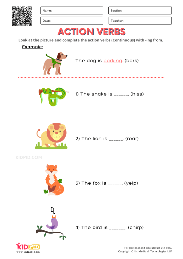 Present Progressive Tense Practice: Adding -ing to Action Verbs for Grade 2 Second grade phonics worksheet showing sentences with verbs that need the -ing suffix added to describe actions in progress