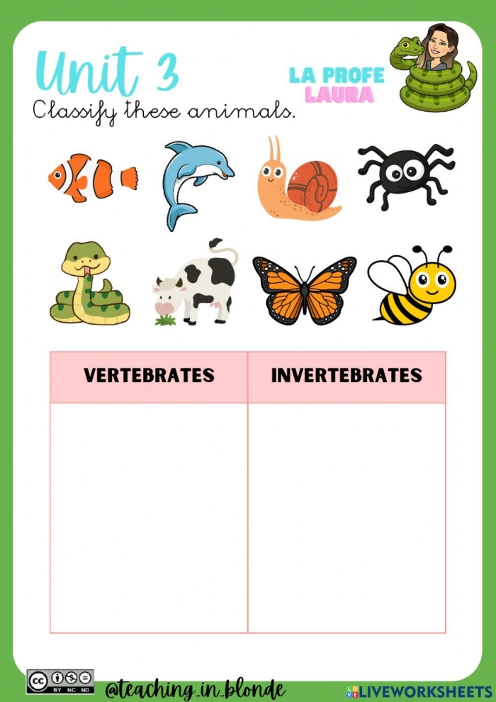 Second grade science worksheet focused on classifying animals as vertebrates or invertebrates