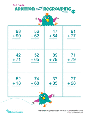 Second grade math worksheet for practicing vertical addition with regrouping for double digits