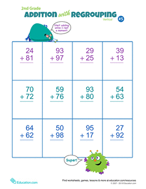 Second grade math worksheet featuring vertical addition with regrouping for double digits