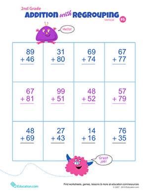 Worksheet for second graders practicing vertical addition with regrouping for double digits