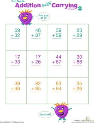 A second grade math worksheet for practicing vertical addition with regrouping in double digits