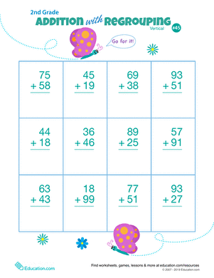 Second grade math worksheet for practicing vertical addition with regrouping of double digits