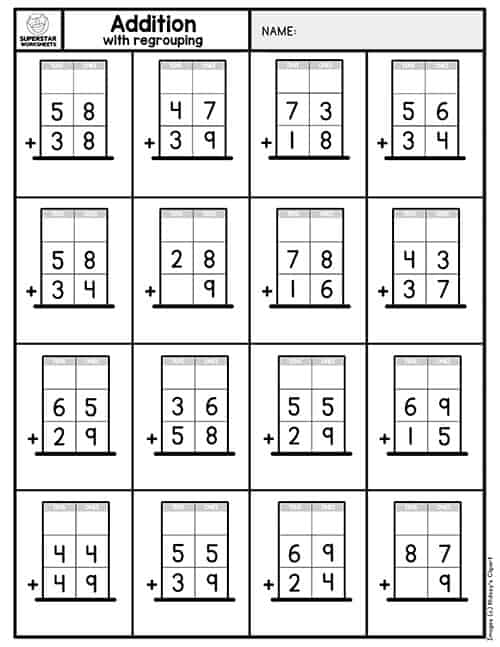 Second grade math worksheet for practicing vertical addition with regrouping of double-digit numbers