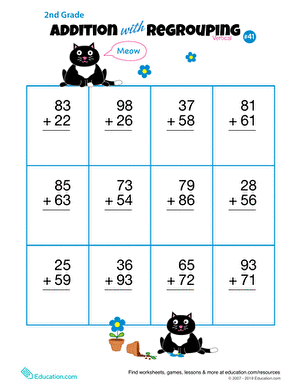 Second grade math worksheet for practicing vertical addition with regrouping for double digits